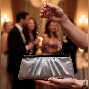 Gunne Sax Silver Satin Clutch Purse Chain Strap